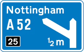 Motorway junction ahead, displaying the route number and destination reached by taking this route
