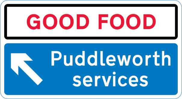 Direction to a named service area and showing the name of the operator