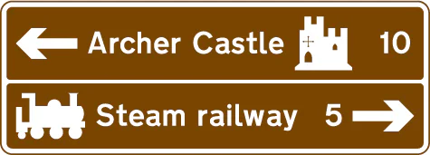 Junction ahead from a motorway exit slip road to the tourist attractions shown