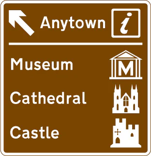Motorway junction ahead leading to a town or geographical area containing several tourist attractions and a Tourist Information Point or Centre