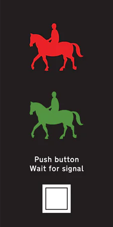 Near side light signals and instructions for horse riders at an equestrian traffic crossing facility