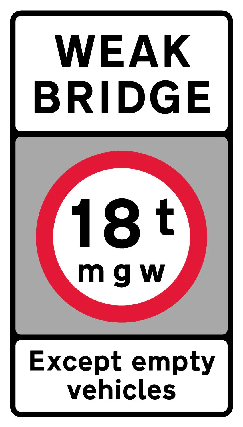 Vehicles exceeding a gross weight of 18T prohibited from crossing the bridge or structure