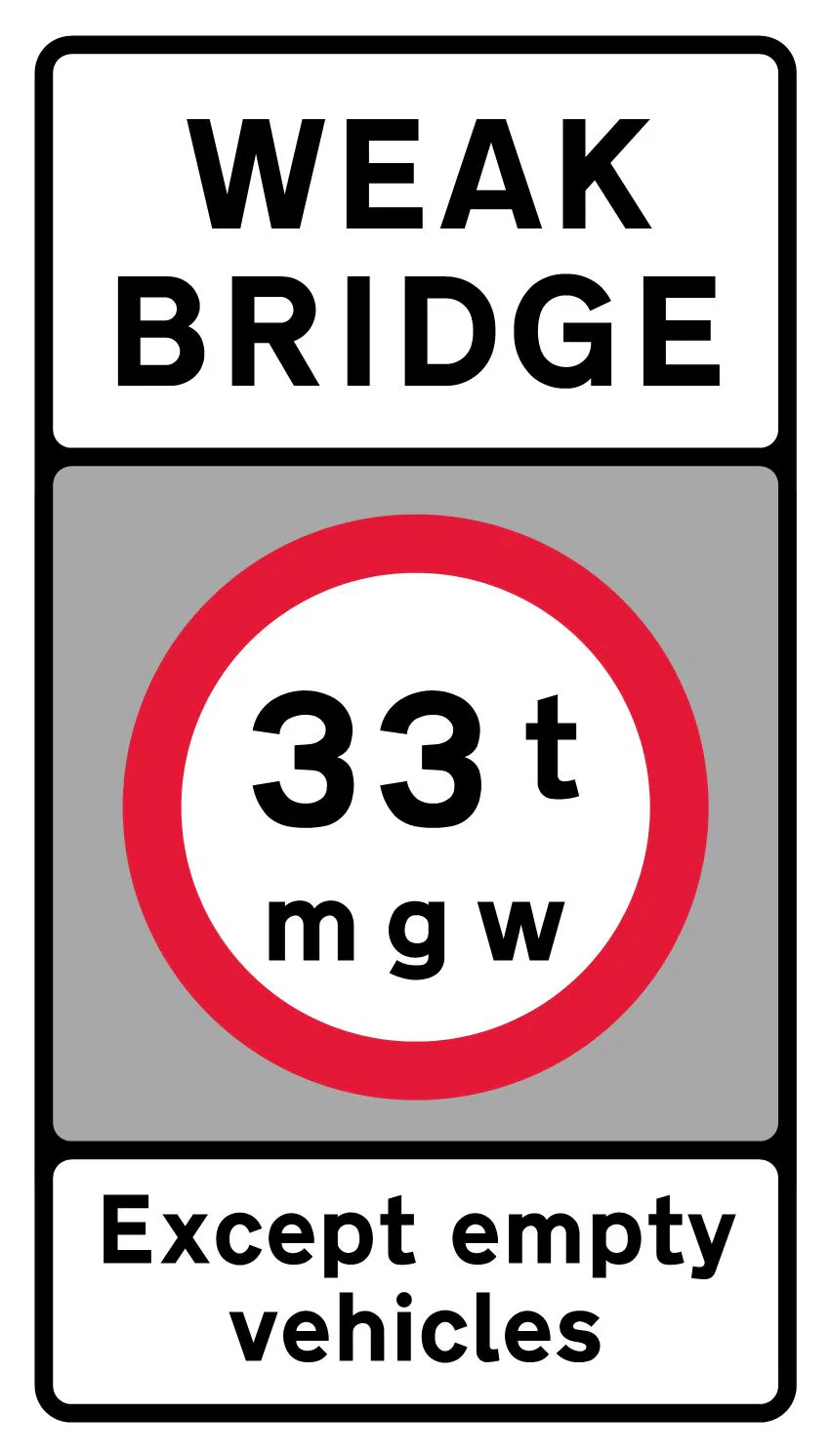 Vehicles exceeding a gross weight of 33T  prohibited from crossing the bridge or structure