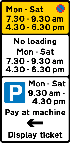 Waiting prohibited during the periods indicated (upper panel), loading prohibited during periods indicated (middle panel), and 'pay and display' ticket-regulated parking available during the period indicated with directions to ticket machine (Lower p