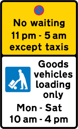 Prohibition on waiting by vehicles other than taxis during the period indicated (upper panel), and carriage way reserved for loading and unloading of goods vehicles during the period indicated