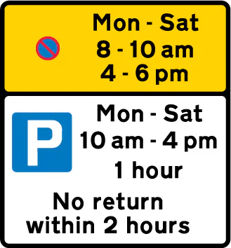 Waiting prohibited during the periods indicated (upper panel), and parking for all vehicles, with restrictions on length of waiting time and return period (lower panel)