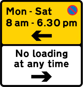 Waiting prohibited in the direction indicated (upper panel), and loading and unloading prohibited in the direction indicated (lower panel)