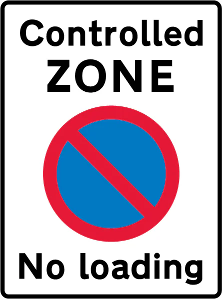 Entrance to a controlled parking zone, with loading and unloading prohibited