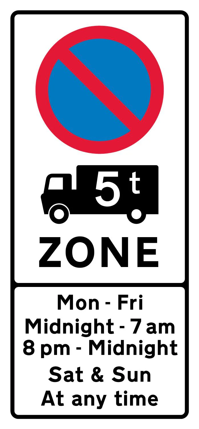 Entrance to a controlled parking zone applying to goods vehicles over a gross weight of 5T during the period indicated