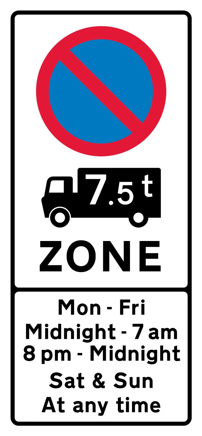 Entrance to a controlled parking zone applying to goods vehicles over a gross weight of 7.5T during the period indicated