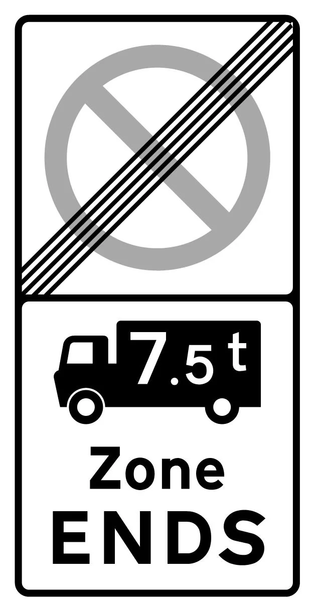 End of a controlled parking zone applying to goods vehicles over a gross weight of 7.5T