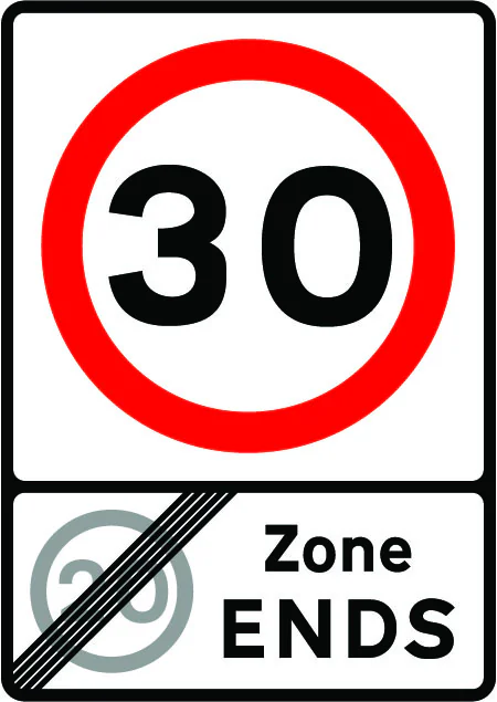 End of 20 miles per hour zone and start of 30 miles per hour zone