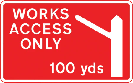 Direction to be taken by road works or construction traffic to an access to a works site 100 yards ahead
