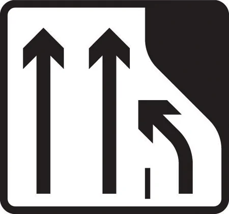 Number of lanes of traffic lanes ahead on a dual carriageway reduces from three lanes to two. Traffic in the right hand lane must move into the lane on the immediate left