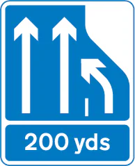 In 200 yards the number of lanes of traffic lanes ahead on a motorway reduces from three lanes to two. Traffic in the right hand lane must move into the lane on the immediate left