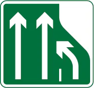 Number of lanes of traffic lanes ahead on a primary route reduces from three lanes to two. Traffic in the right hand lane must move into the lane on the immediate left