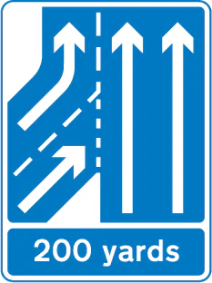 Additional traffic lane joining from the left ahead in 200 yards. Traffic on the main carriageway has priority over joining traffic