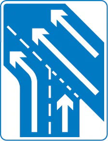 Additional traffic lanes joining from the right ahead. Traffic on the main carriageway has priority over joining traffic