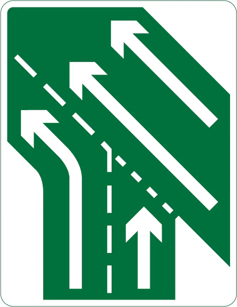 Additional traffic lanes joining from the right ahead. Traffic in the right hand lane joins the main carriageway. Traffic on the main carriageway has priority over joining traffic (primary route)