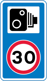 Speed camera ahead and reminder of 30 miles per hour speed limit