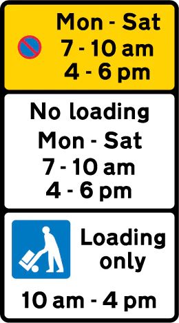 Bay reserved for loading and unloading by goods vehicles during the period indicated, and waiting prohibited during the period indicated