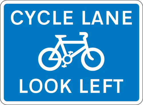 Cycle lane with traffic proceeding from left (pedestrian reminder)