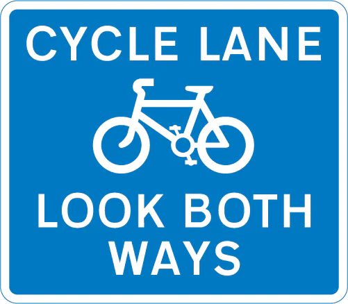 Cycle lane with traffic approaching from both ways (pedestrian reminder)