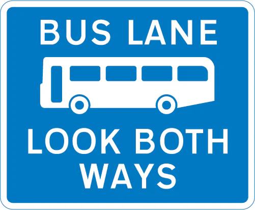 Bus lane with traffic proceeding from both ways  (reminder for pedestrians)